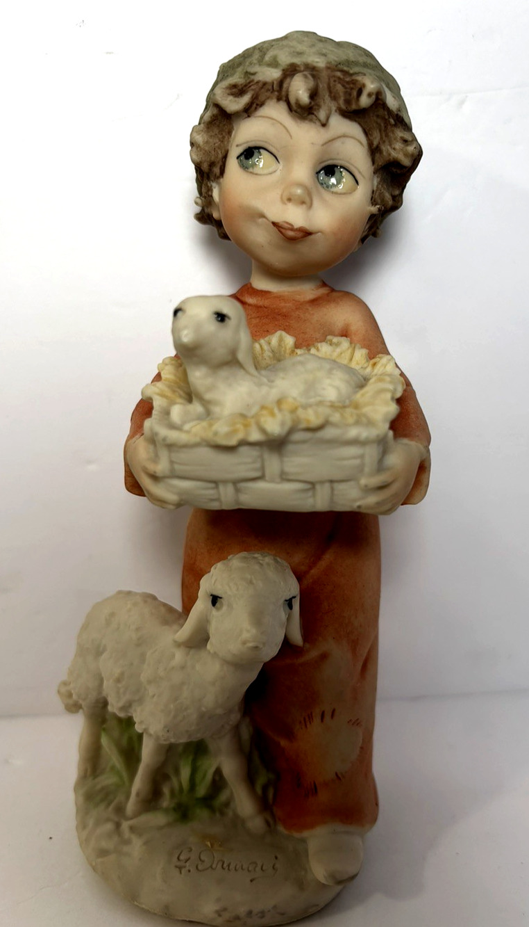 Giuseppe Armani Signed Boy Figurine Sheep Florence Italy Resin 6.5"